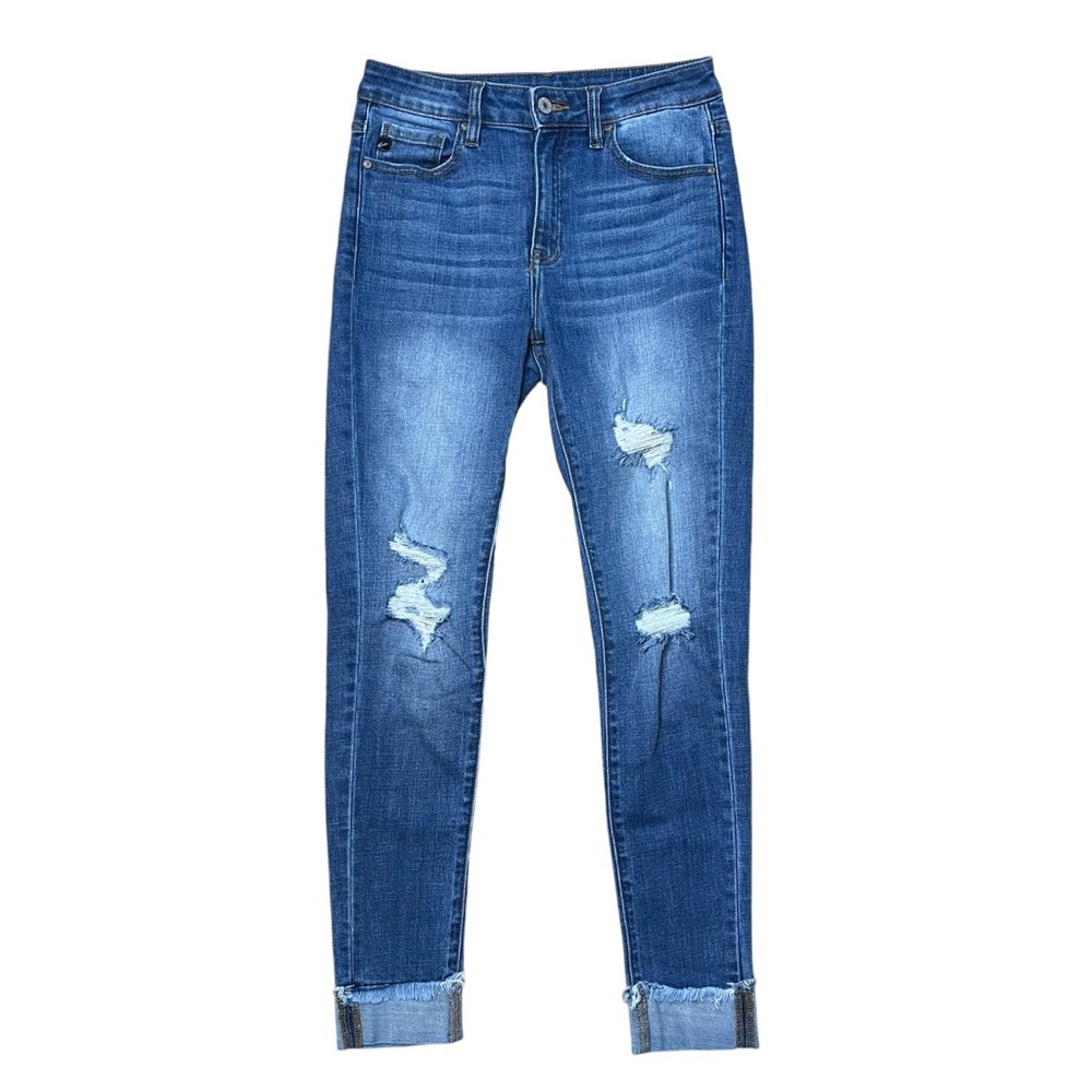 KanCan Women’s High Rise Medium Wash Distressed Cuffed Skinny Jeans